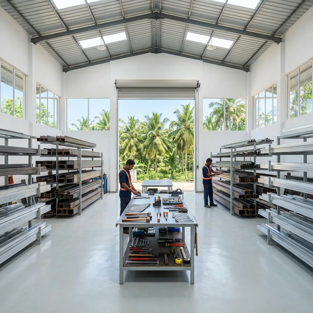 The PR Holdings & Solutions fabrication workshop, with racks of steel beams under bright skylights